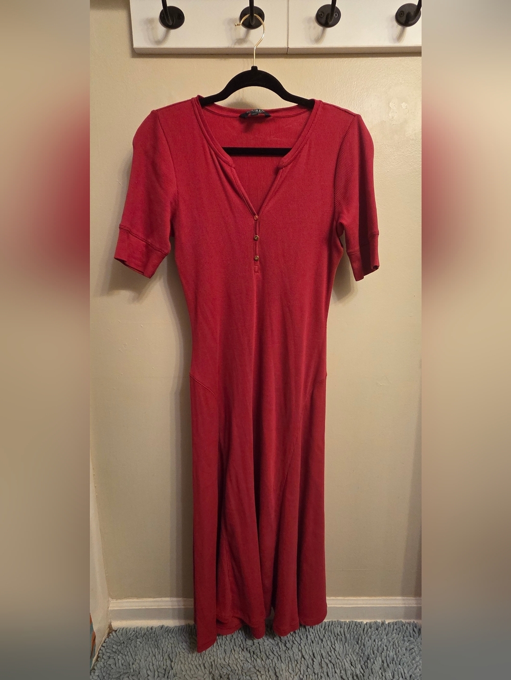 Lauren Ralph Lauren Red Waffle Knit Henley Midi Dress Short Sleeve Medium Preppy